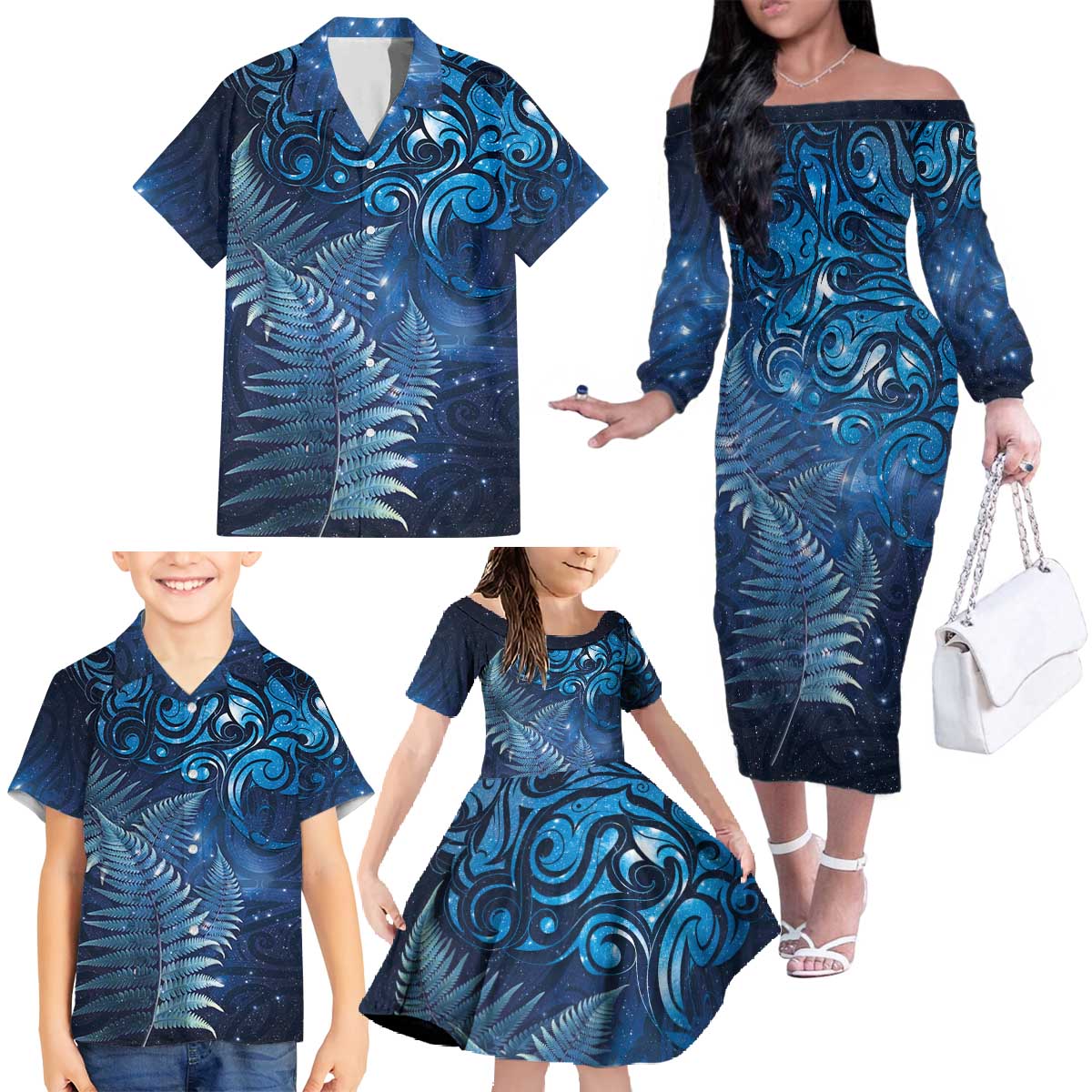 Matariki New Zealand Maori Silver Fern Family Matching Off The Shoulder Long Sleeve Dress and Hawaiian Shirt Galaxy Blue Sky Style LT03 - Polynesian Pride
