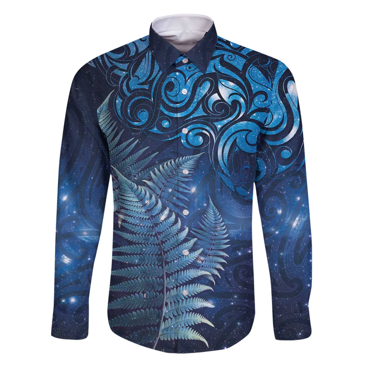 Matariki New Zealand Maori Silver Fern Family Matching Off The Shoulder Long Sleeve Dress and Hawaiian Shirt Galaxy Blue Sky Style LT03 Dad's Shirt - Long Sleeve Blue - Polynesian Pride