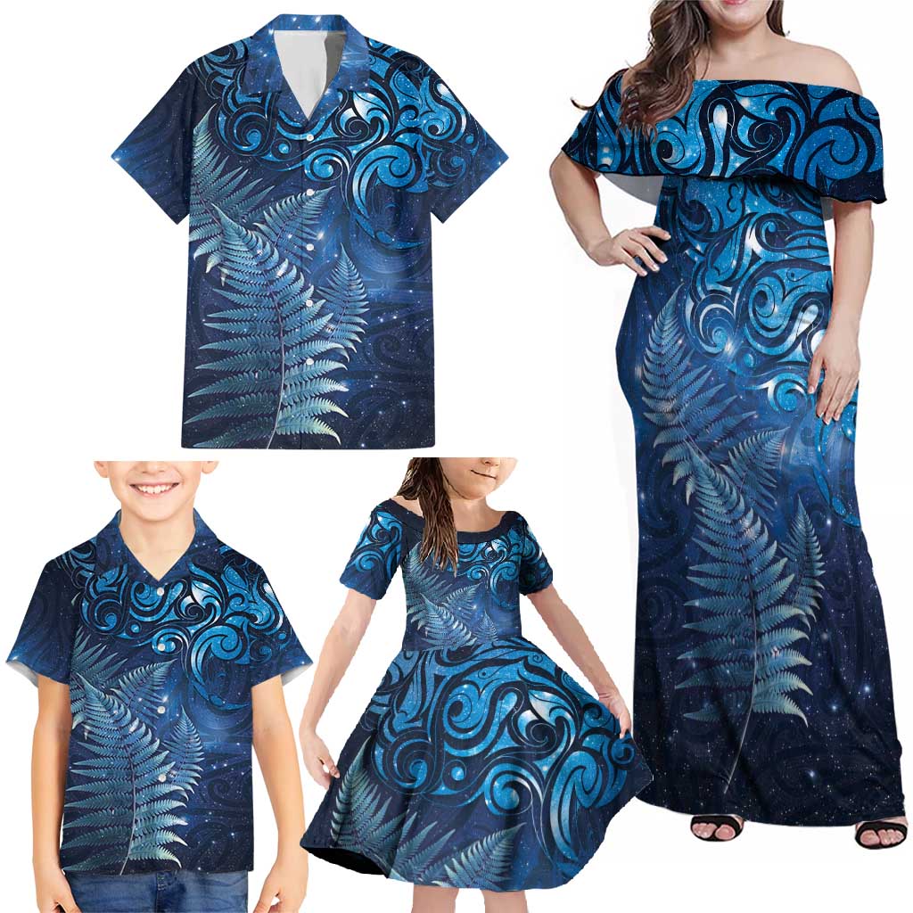 Matariki New Zealand Maori Silver Fern Family Matching Off Shoulder Maxi Dress and Hawaiian Shirt Galaxy Blue Sky Style LT03 - Polynesian Pride