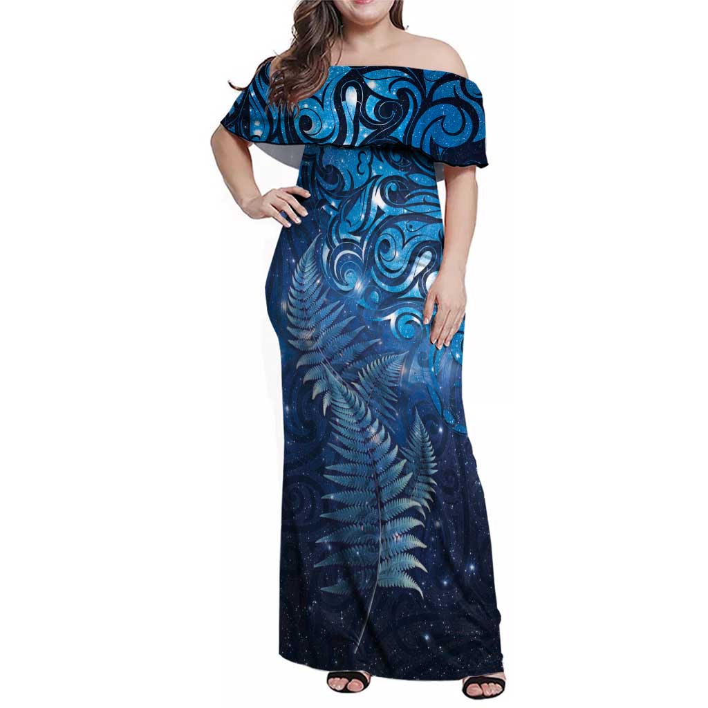 Matariki New Zealand Maori Silver Fern Family Matching Off Shoulder Maxi Dress and Hawaiian Shirt Galaxy Blue Sky Style LT03 Mom's Dress Blue - Polynesian Pride