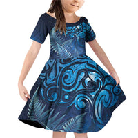 Matariki New Zealand Maori Silver Fern Family Matching Off Shoulder Short Dress and Hawaiian Shirt Galaxy Blue Sky Style LT03 Daughter's Dress Blue - Polynesian Pride