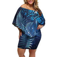 Matariki New Zealand Maori Silver Fern Family Matching Off Shoulder Short Dress and Hawaiian Shirt Galaxy Blue Sky Style LT03 Mom's Dress Blue - Polynesian Pride