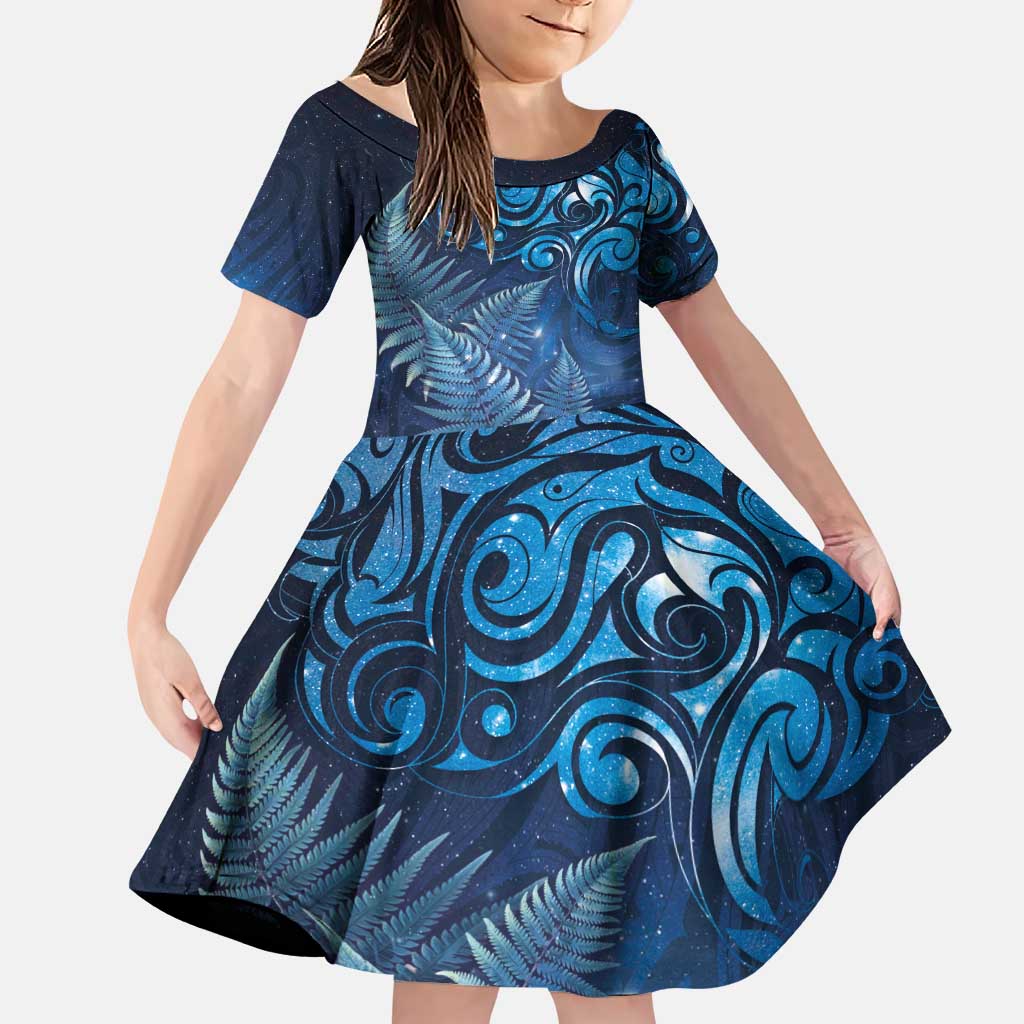 Matariki New Zealand Maori Silver Fern Family Matching Puletasi and Hawaiian Shirt Galaxy Blue Sky Style LT03 Daughter's Dress Blue - Polynesian Pride