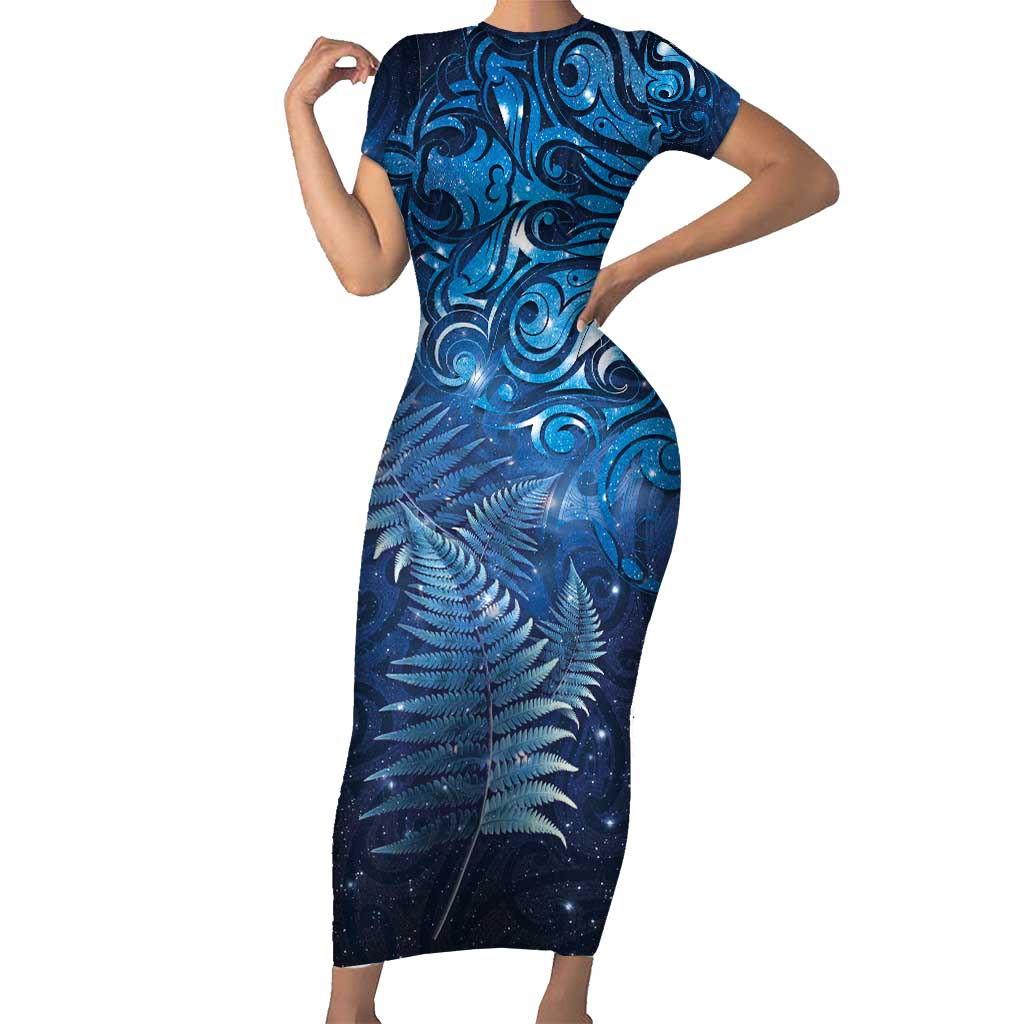 Matariki New Zealand Maori Silver Fern Family Matching Short Sleeve Bodycon Dress and Hawaiian Shirt Galaxy Blue Sky Style LT03 Mom's Dress Blue - Polynesian Pride
