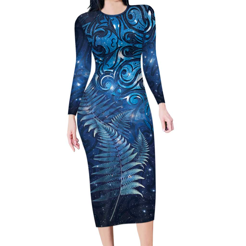 Matariki New Zealand Maori Silver Fern Long Sleeve Bodycon Dress Galaxy Blue Sky Style