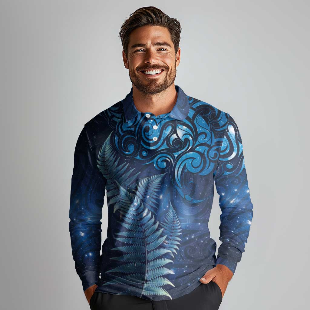 Matariki New Zealand Maori Silver Fern Long Sleeve Polo Shirt Galaxy Blue Sky Style
