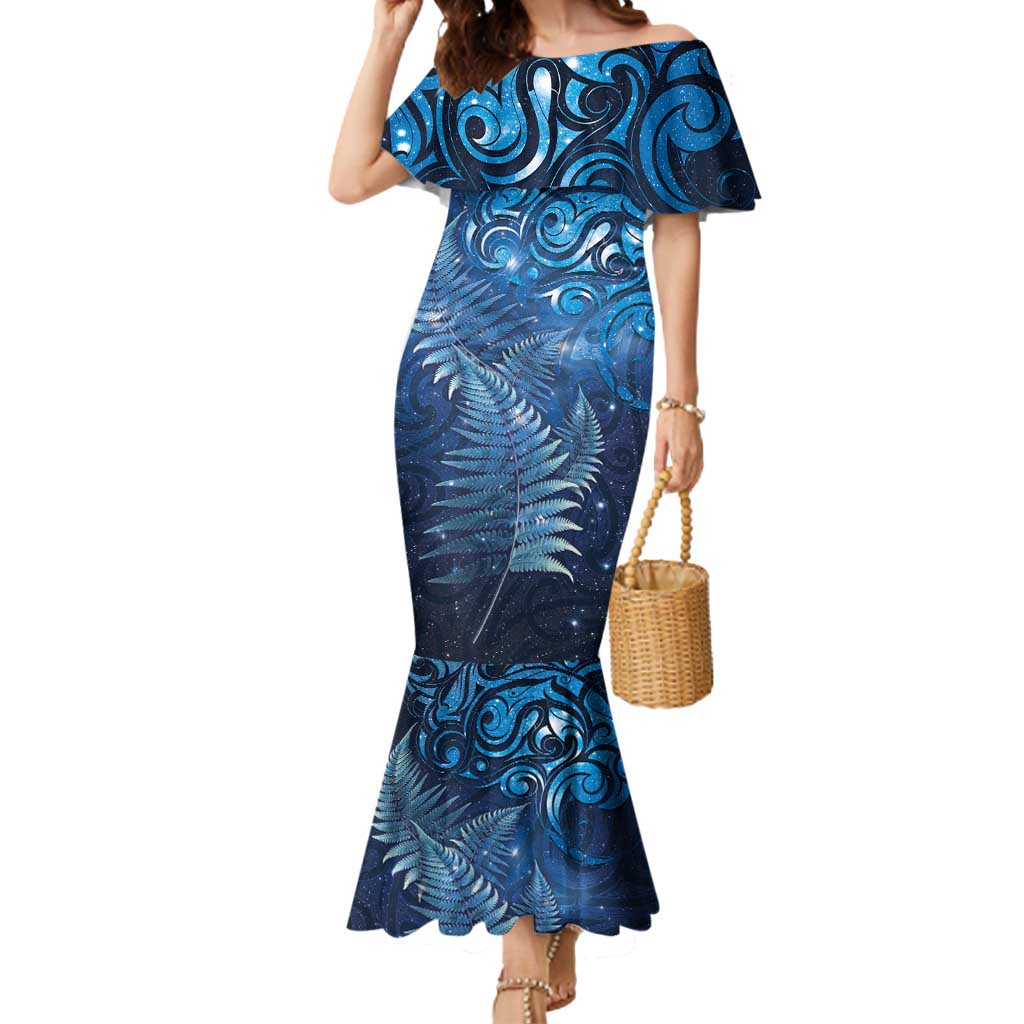 Matariki New Zealand Maori Silver Fern Mermaid Dress Galaxy Blue Sky Style