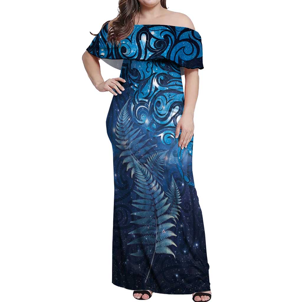 Matariki New Zealand Maori Silver Fern Off Shoulder Maxi Dress Galaxy Blue Sky Style