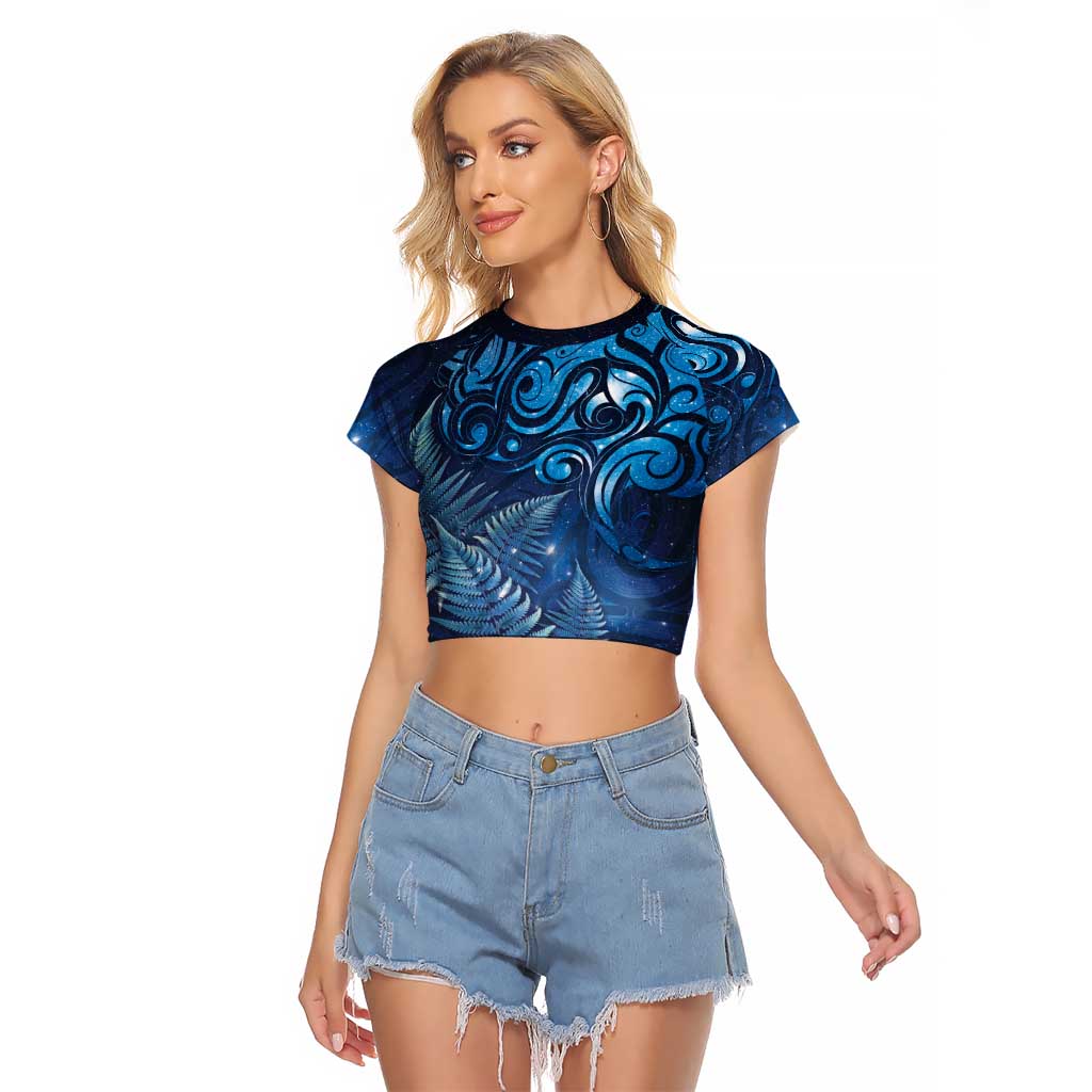 Matariki New Zealand Maori Silver Fern Raglan Cropped T Shirt Galaxy Blue Sky Style