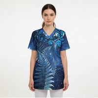 Matariki New Zealand Maori Silver Fern Scrub Top Galaxy Blue Sky Style - Polynesian Pride