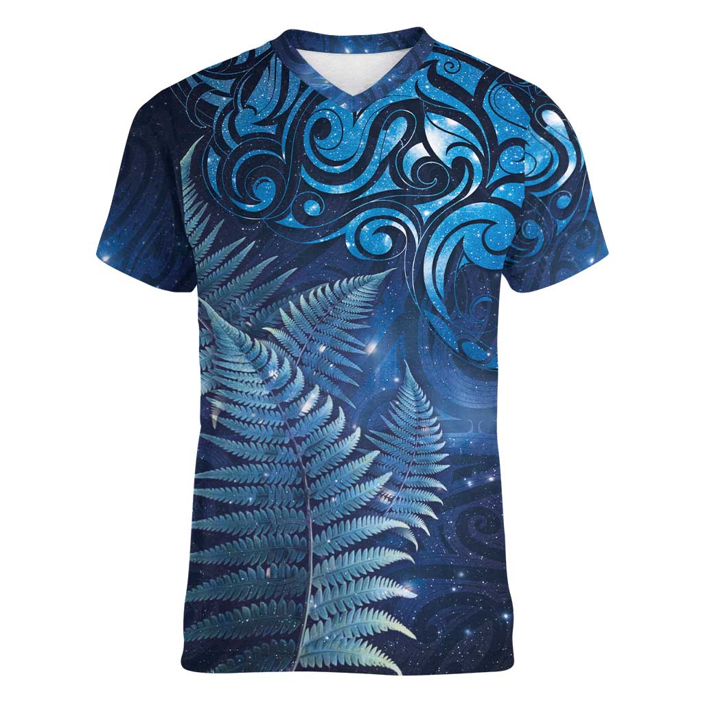 Matariki New Zealand Maori Silver Fern Women V-Neck T-Shirt Galaxy Blue Sky Style LT03 Female Blue - Polynesian Pride