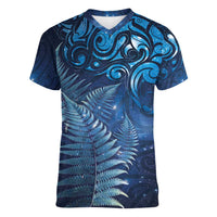 Matariki New Zealand Maori Silver Fern Women V-Neck T-Shirt Galaxy Blue Sky Style LT03 Female Blue - Polynesian Pride