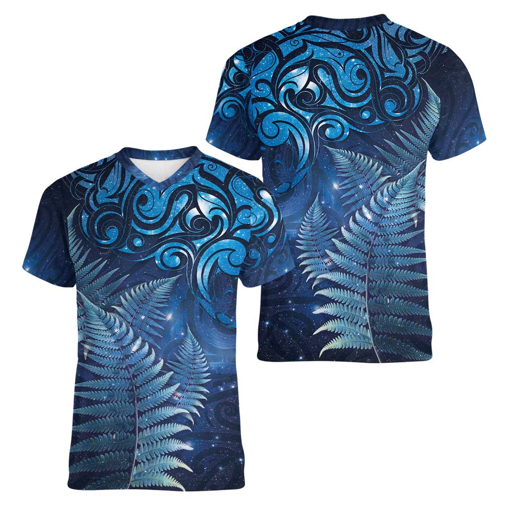 Matariki New Zealand Maori Silver Fern Women V-Neck T-Shirt Galaxy Blue Sky Style LT03 - Polynesian Pride