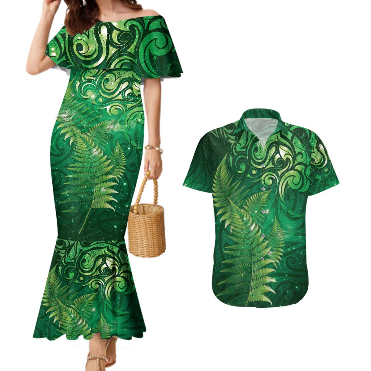 Matariki New Zealand Maori Silver Fern Couples Matching Mermaid Dress and Hawaiian Shirt Galaxy Green Sky Style LT03 Green - Polynesian Pride