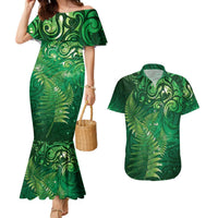 Matariki New Zealand Maori Silver Fern Couples Matching Mermaid Dress and Hawaiian Shirt Galaxy Green Sky Style LT03 Green - Polynesian Pride