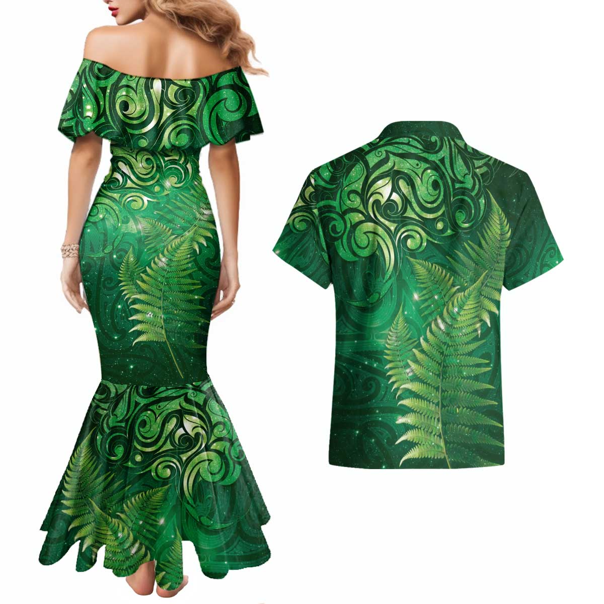 Matariki New Zealand Maori Silver Fern Couples Matching Mermaid Dress and Hawaiian Shirt Galaxy Green Sky Style LT03 - Polynesian Pride