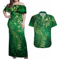 Matariki New Zealand Maori Silver Fern Couples Matching Off Shoulder Maxi Dress and Hawaiian Shirt Galaxy Green Sky Style LT03 Green - Polynesian Pride