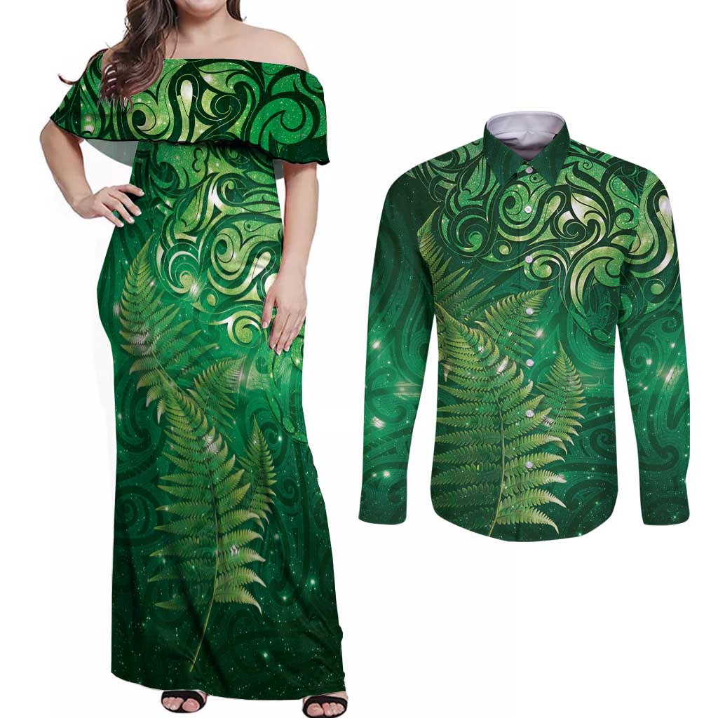 Matariki New Zealand Maori Silver Fern Couples Matching Off Shoulder Maxi Dress and Long Sleeve Button Shirt Galaxy Green Sky Style LT03 Green - Polynesian Pride