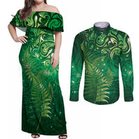 Matariki New Zealand Maori Silver Fern Couples Matching Off Shoulder Maxi Dress and Long Sleeve Button Shirt Galaxy Green Sky Style LT03 Green - Polynesian Pride