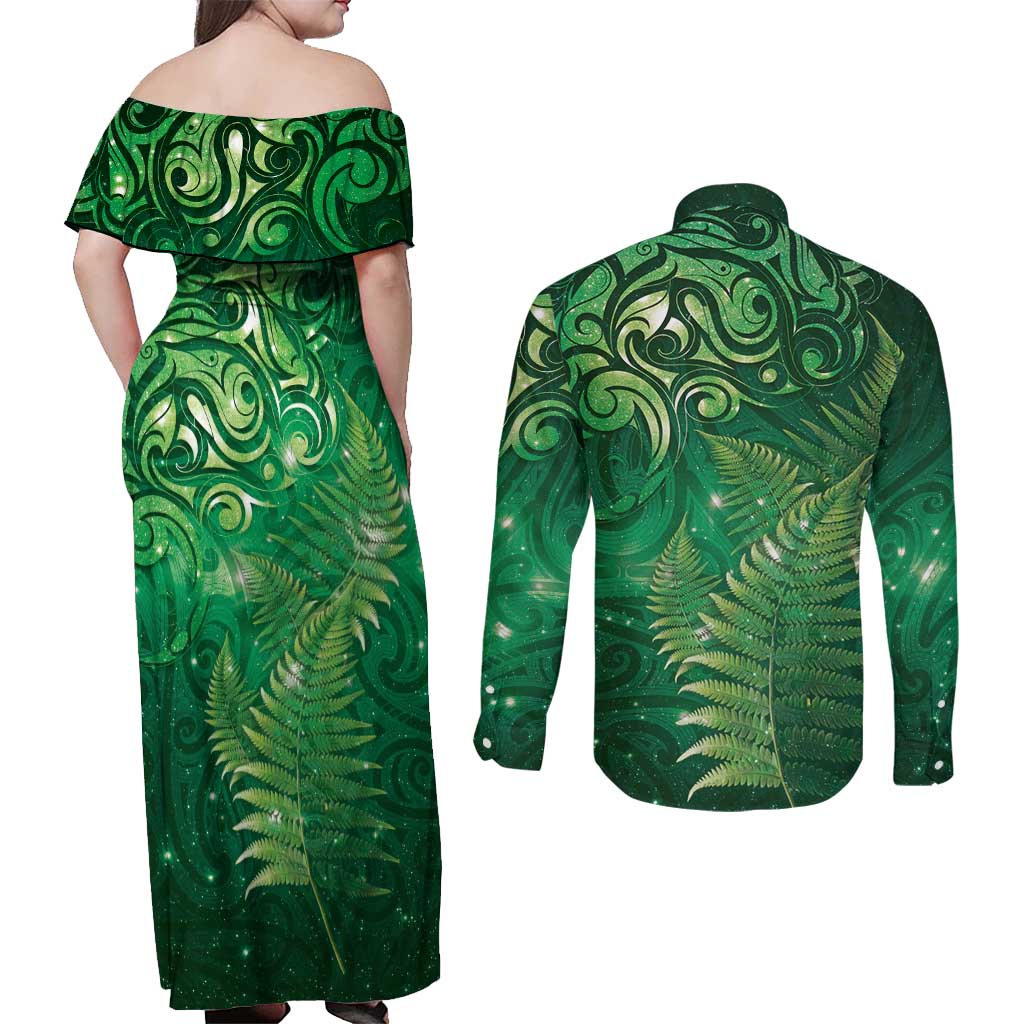 Matariki New Zealand Maori Silver Fern Couples Matching Off Shoulder Maxi Dress and Long Sleeve Button Shirt Galaxy Green Sky Style LT03 - Polynesian Pride