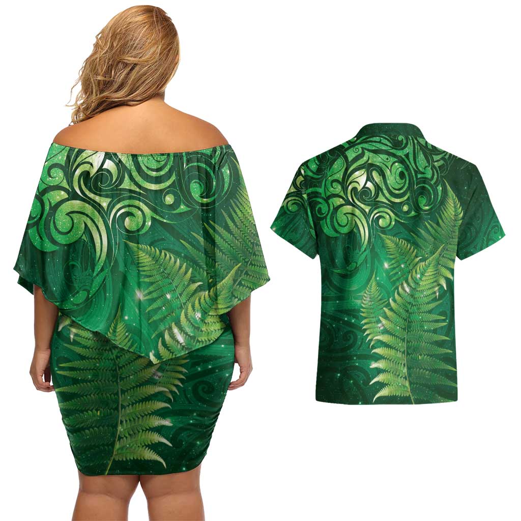Matariki New Zealand Maori Silver Fern Couples Matching Off Shoulder Short Dress and Hawaiian Shirt Galaxy Green Sky Style LT03 - Polynesian Pride