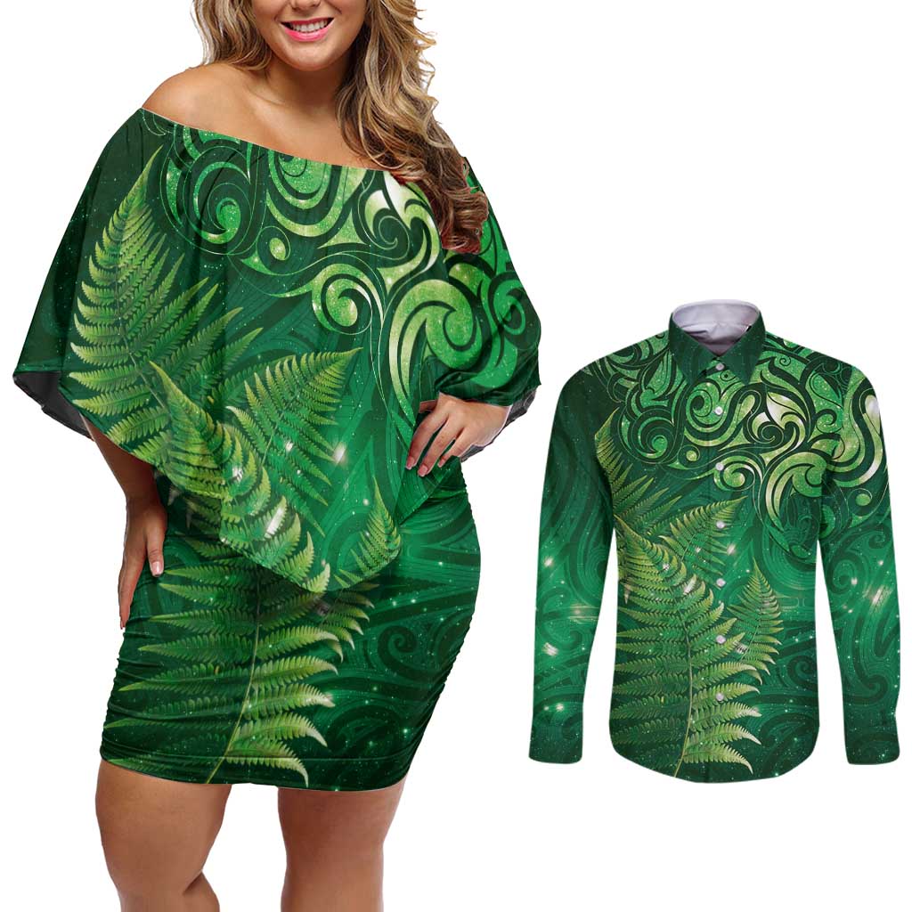 Matariki New Zealand Maori Silver Fern Couples Matching Off Shoulder Short Dress and Long Sleeve Button Shirt Galaxy Green Sky Style LT03 Green - Polynesian Pride