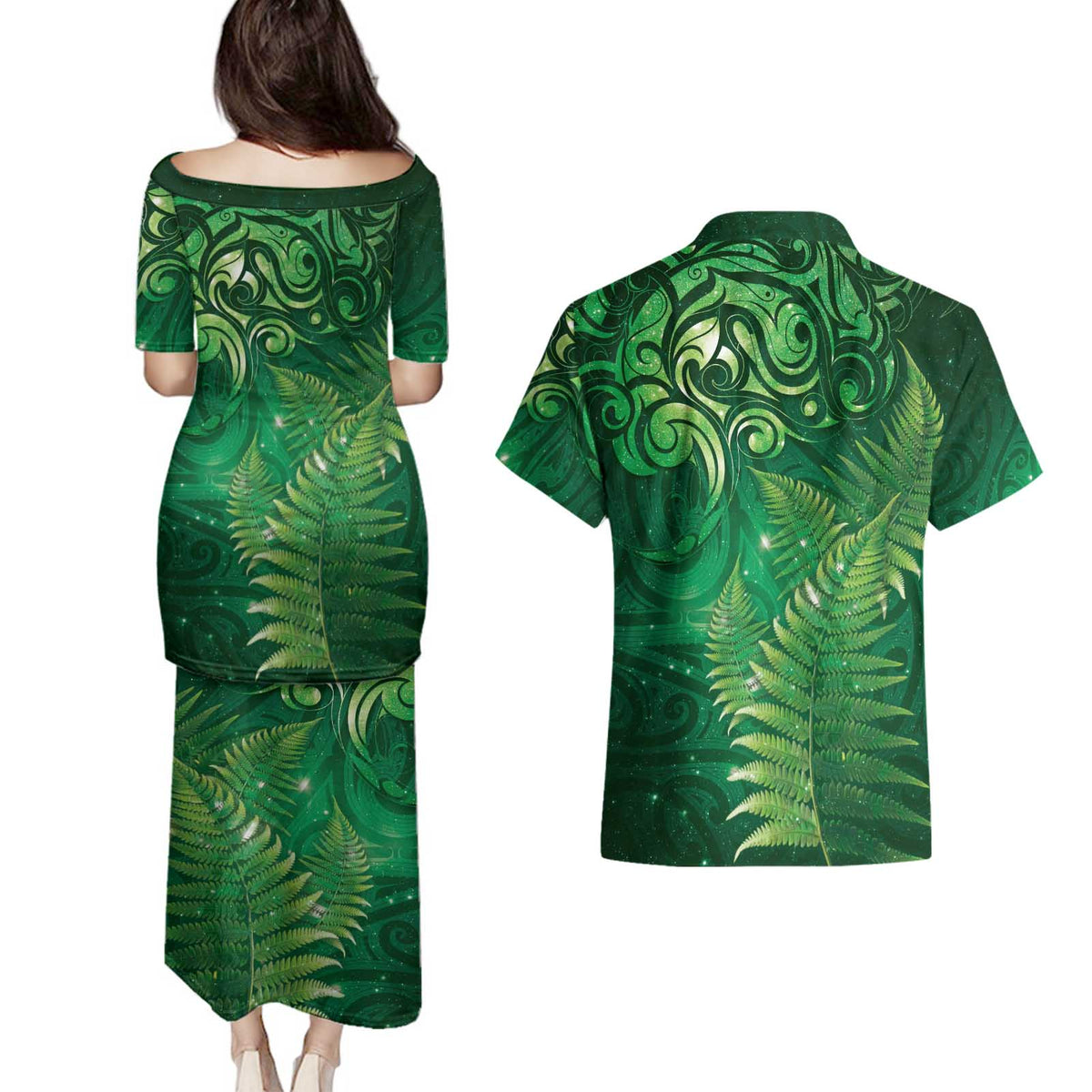 Matariki New Zealand Maori Silver Fern Couples Matching Puletasi and Hawaiian Shirt Galaxy Green Sky Style LT03 - Polynesian Pride