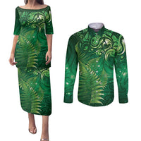 Matariki New Zealand Maori Silver Fern Couples Matching Puletasi and Long Sleeve Button Shirt Galaxy Green Sky Style LT03 Green - Polynesian Pride