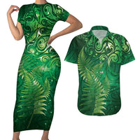 Matariki New Zealand Maori Silver Fern Couples Matching Short Sleeve Bodycon Dress and Hawaiian Shirt Galaxy Green Sky Style LT03 Green - Polynesian Pride