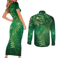 Matariki New Zealand Maori Silver Fern Couples Matching Short Sleeve Bodycon Dress and Long Sleeve Button Shirt Galaxy Green Sky Style LT03 - Polynesian Pride