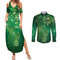 Matariki New Zealand Maori Silver Fern Couples Matching Summer Maxi Dress and Long Sleeve Button Shirt Galaxy Green Sky Style LT03 Green - Polynesian Pride