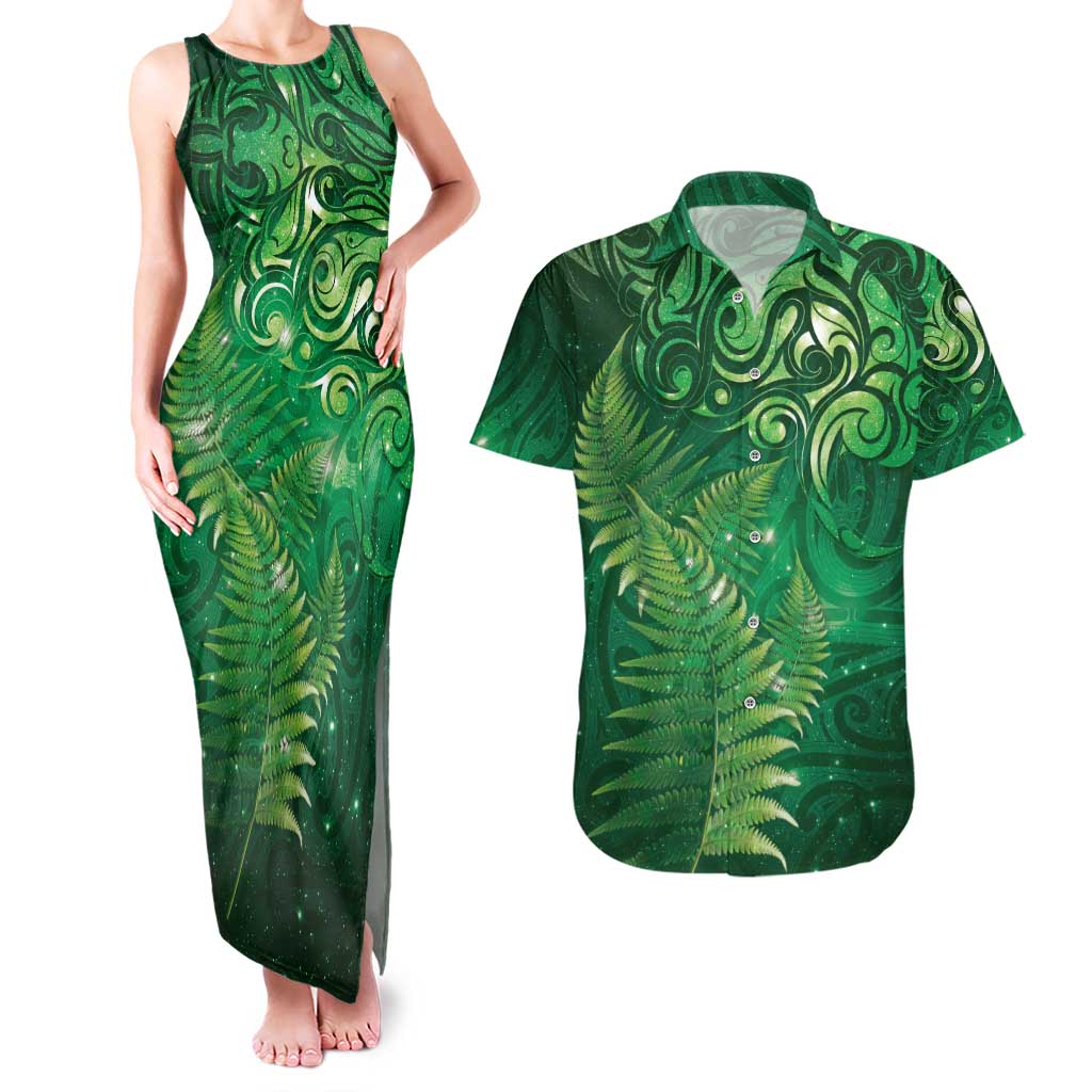 Matariki New Zealand Maori Silver Fern Couples Matching Tank Maxi Dress and Hawaiian Shirt Galaxy Green Sky Style LT03 Green - Polynesian Pride