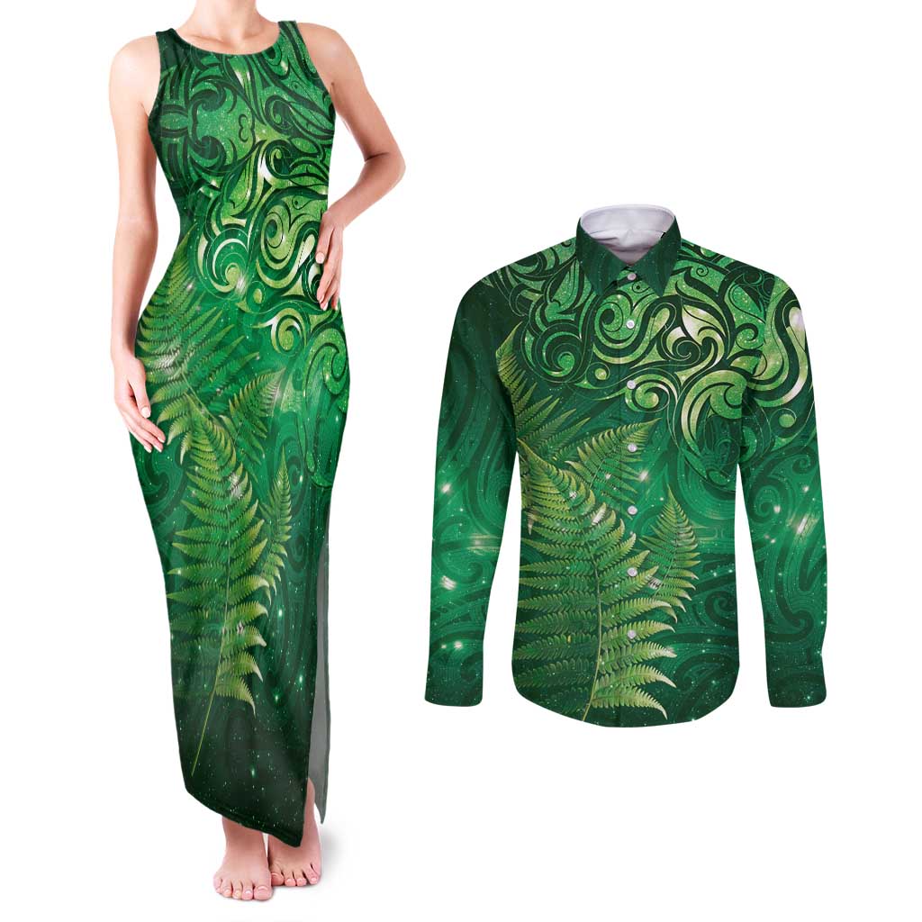 Matariki New Zealand Maori Silver Fern Couples Matching Tank Maxi Dress and Long Sleeve Button Shirt Galaxy Green Sky Style LT03 Green - Polynesian Pride