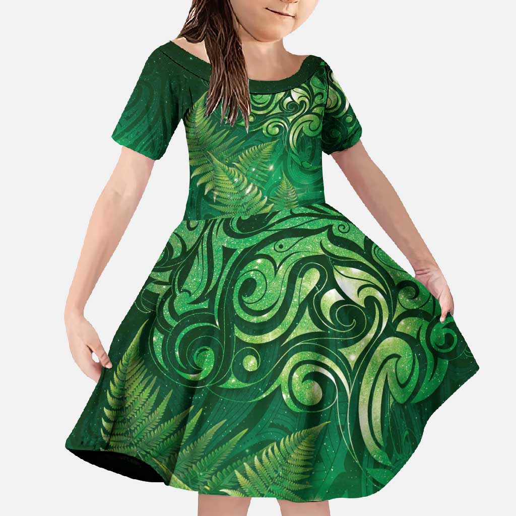 Matariki New Zealand Maori Silver Fern Family Matching Mermaid Dress and Hawaiian Shirt Galaxy Green Sky Style LT03 Daughter's Dress Green - Polynesian Pride