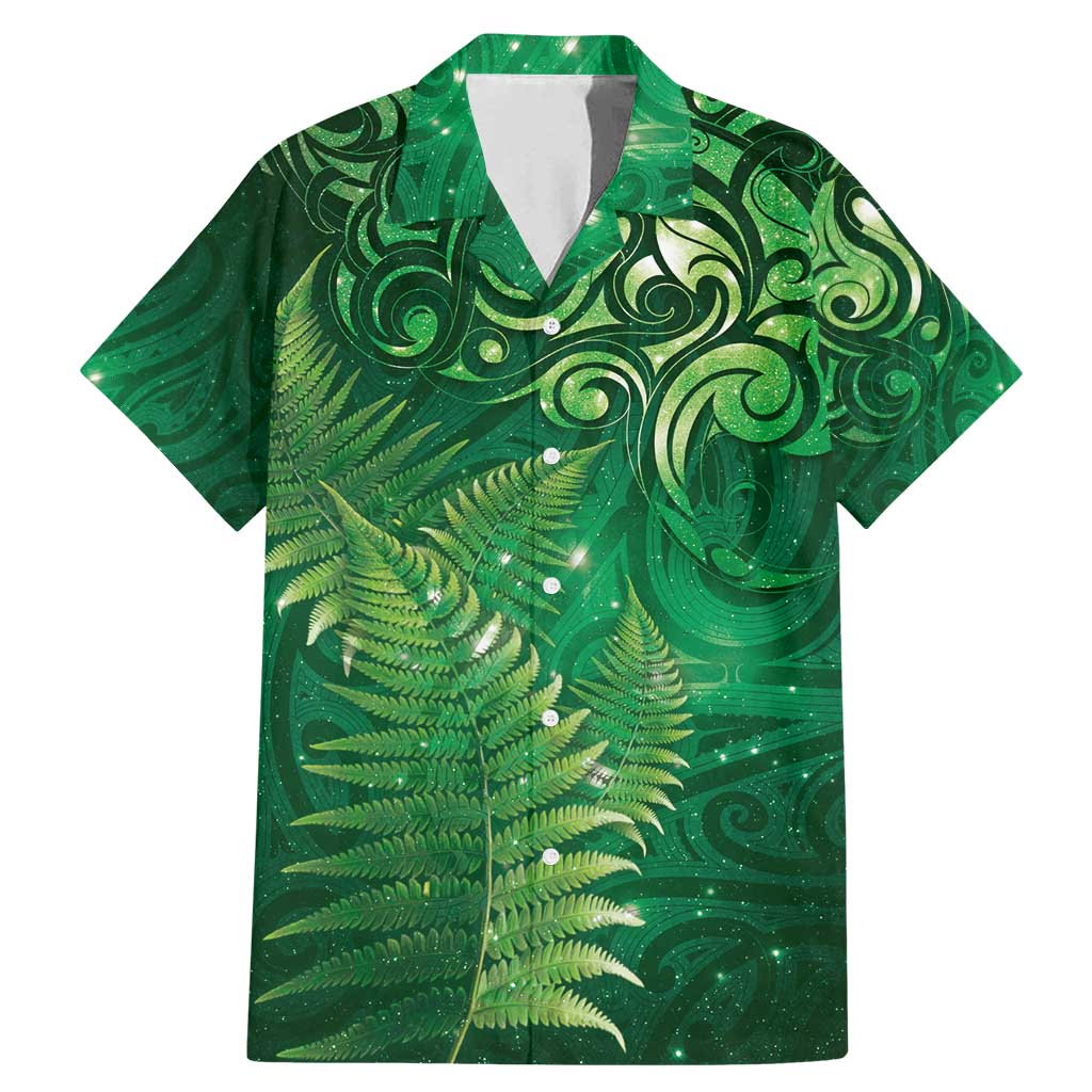 Matariki New Zealand Maori Silver Fern Family Matching Mermaid Dress and Hawaiian Shirt Galaxy Green Sky Style LT03 Dad's Shirt - Short Sleeve Green - Polynesian Pride