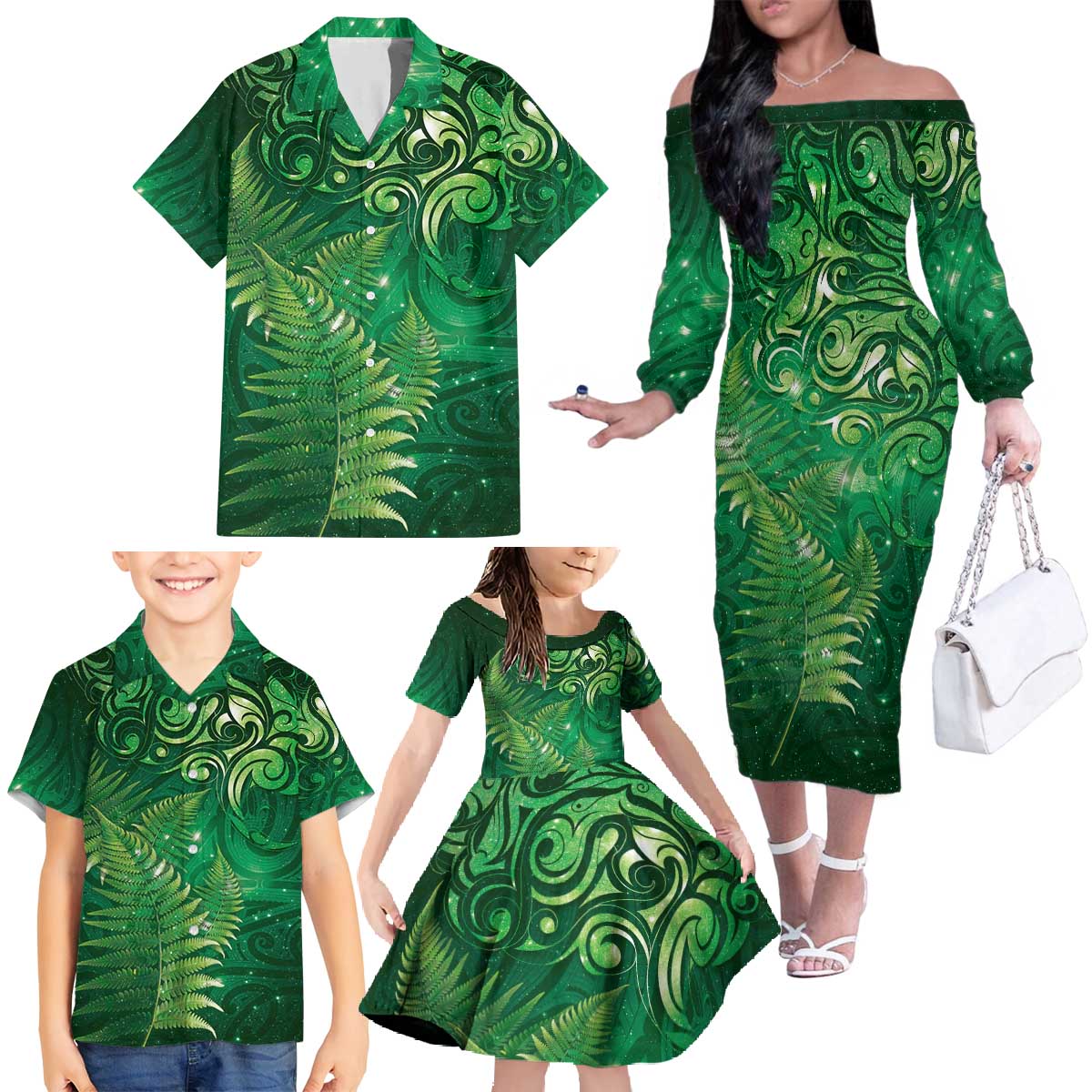 Matariki New Zealand Maori Silver Fern Family Matching Off The Shoulder Long Sleeve Dress and Hawaiian Shirt Galaxy Green Sky Style LT03 - Polynesian Pride