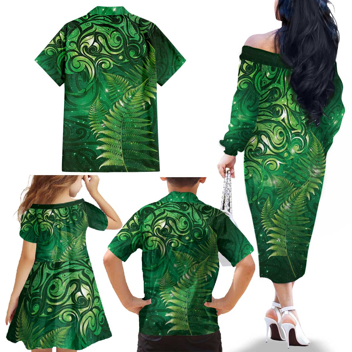 Matariki New Zealand Maori Silver Fern Family Matching Off The Shoulder Long Sleeve Dress and Hawaiian Shirt Galaxy Green Sky Style LT03 - Polynesian Pride