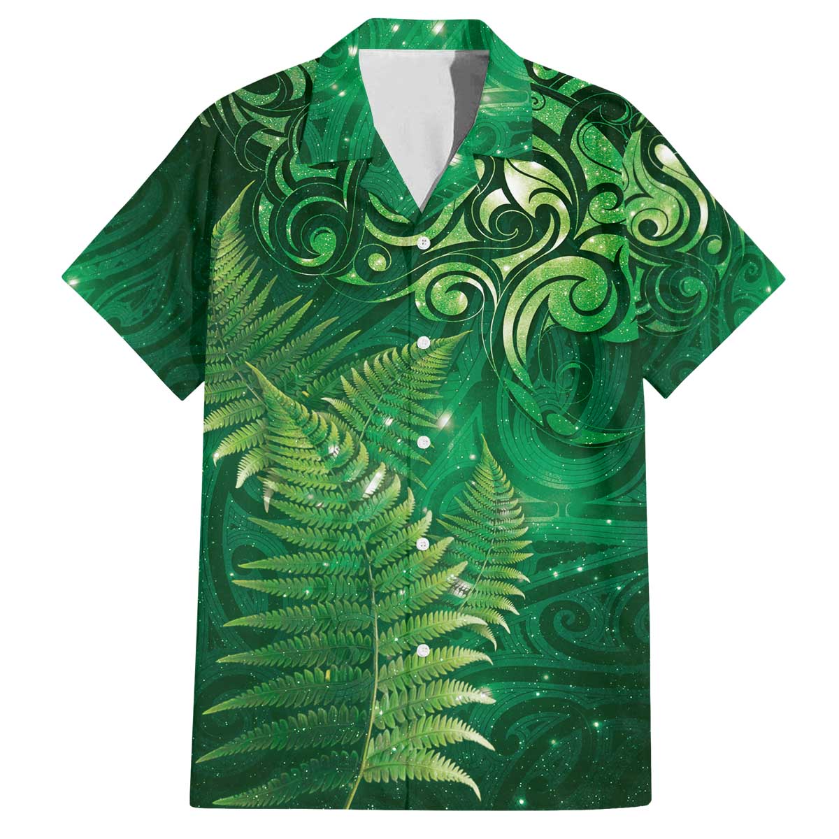 Matariki New Zealand Maori Silver Fern Family Matching Off The Shoulder Long Sleeve Dress and Hawaiian Shirt Galaxy Green Sky Style LT03 Dad's Shirt - Short Sleeve Green - Polynesian Pride
