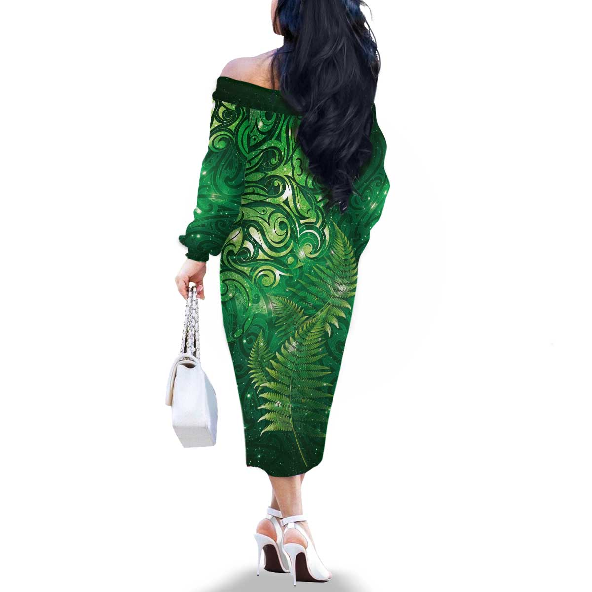 Matariki New Zealand Maori Silver Fern Family Matching Off The Shoulder Long Sleeve Dress and Hawaiian Shirt Galaxy Green Sky Style LT03 - Polynesian Pride