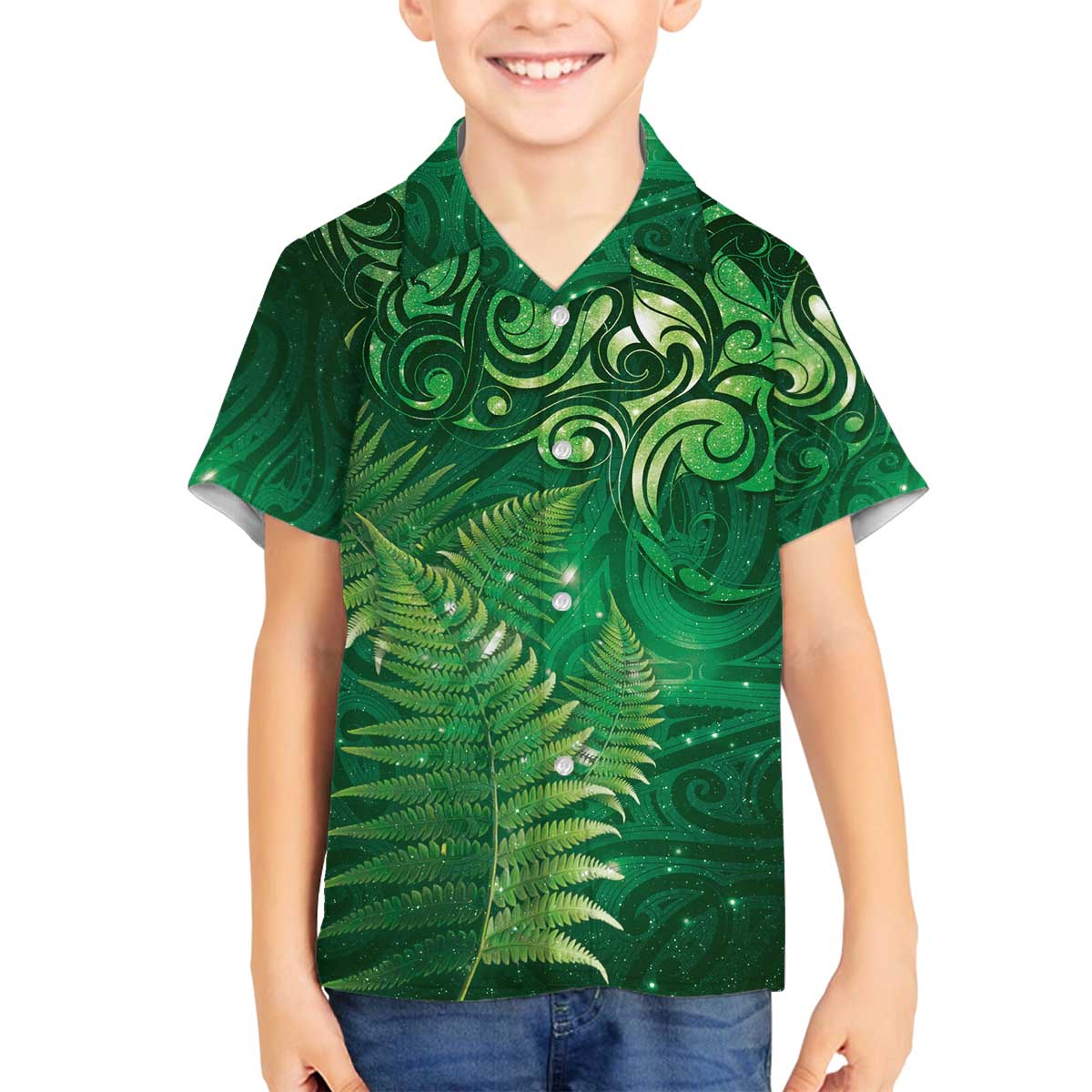 Matariki New Zealand Maori Silver Fern Family Matching Off The Shoulder Long Sleeve Dress and Hawaiian Shirt Galaxy Green Sky Style LT03 Son's Shirt Green - Polynesian Pride