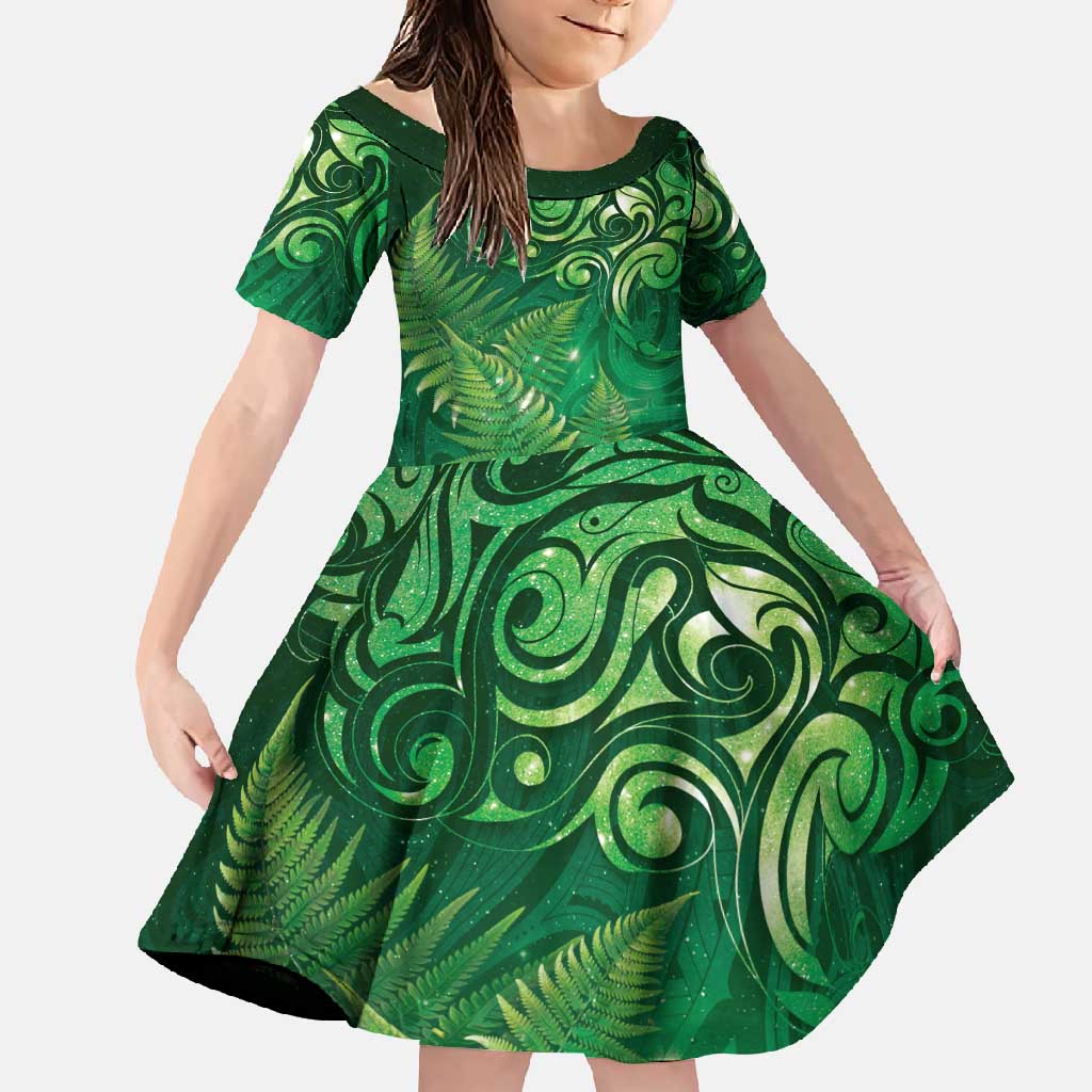 Matariki New Zealand Maori Silver Fern Family Matching Off Shoulder Maxi Dress and Hawaiian Shirt Galaxy Green Sky Style LT03 Daughter's Dress Green - Polynesian Pride