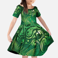 Matariki New Zealand Maori Silver Fern Family Matching Off Shoulder Maxi Dress and Hawaiian Shirt Galaxy Green Sky Style LT03 Daughter's Dress Green - Polynesian Pride