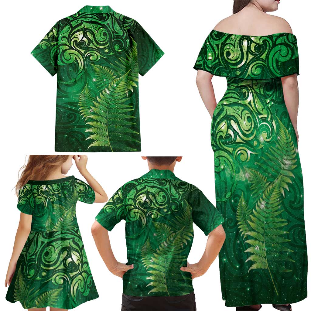 Matariki New Zealand Maori Silver Fern Family Matching Off Shoulder Maxi Dress and Hawaiian Shirt Galaxy Green Sky Style LT03 - Polynesian Pride
