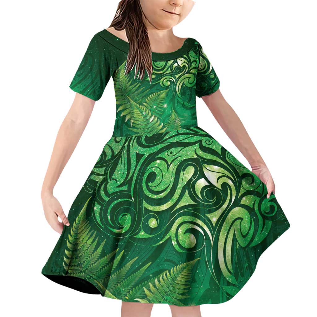 Matariki New Zealand Maori Silver Fern Family Matching Off Shoulder Short Dress and Hawaiian Shirt Galaxy Green Sky Style LT03 Daughter's Dress Green - Polynesian Pride