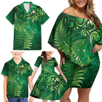 Matariki New Zealand Maori Silver Fern Family Matching Off Shoulder Short Dress and Hawaiian Shirt Galaxy Green Sky Style LT03 - Polynesian Pride