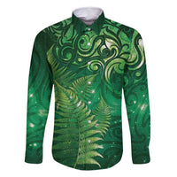 Matariki New Zealand Maori Silver Fern Family Matching Off Shoulder Short Dress and Hawaiian Shirt Galaxy Green Sky Style LT03 Dad's Shirt - Long Sleeve Green - Polynesian Pride