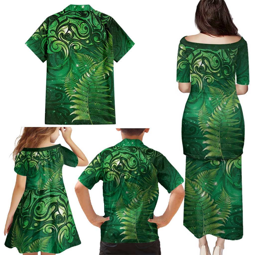 Matariki New Zealand Maori Silver Fern Family Matching Puletasi and Hawaiian Shirt Galaxy Green Sky Style LT03 - Polynesian Pride