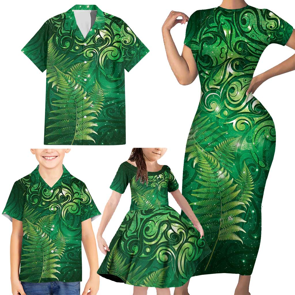 Matariki New Zealand Maori Silver Fern Family Matching Short Sleeve Bodycon Dress and Hawaiian Shirt Galaxy Green Sky Style LT03 - Polynesian Pride