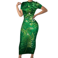 Matariki New Zealand Maori Silver Fern Family Matching Short Sleeve Bodycon Dress and Hawaiian Shirt Galaxy Green Sky Style LT03 Mom's Dress Green - Polynesian Pride