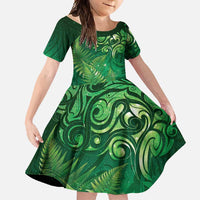 Matariki New Zealand Maori Silver Fern Family Matching Summer Maxi Dress and Hawaiian Shirt Galaxy Green Sky Style LT03 Daughter's Dress Green - Polynesian Pride